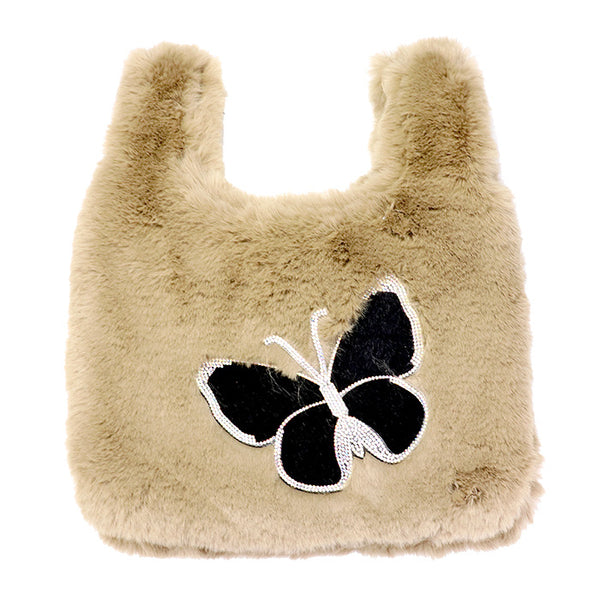 Fluffy Faux Fur Butterfly Slouchy Tote Bag Butterfly Handbag Butterfly Faux Fur Handbag Butterfly Tote Soft Faux Fur Handbag Butterfly Aplique Tote Bag