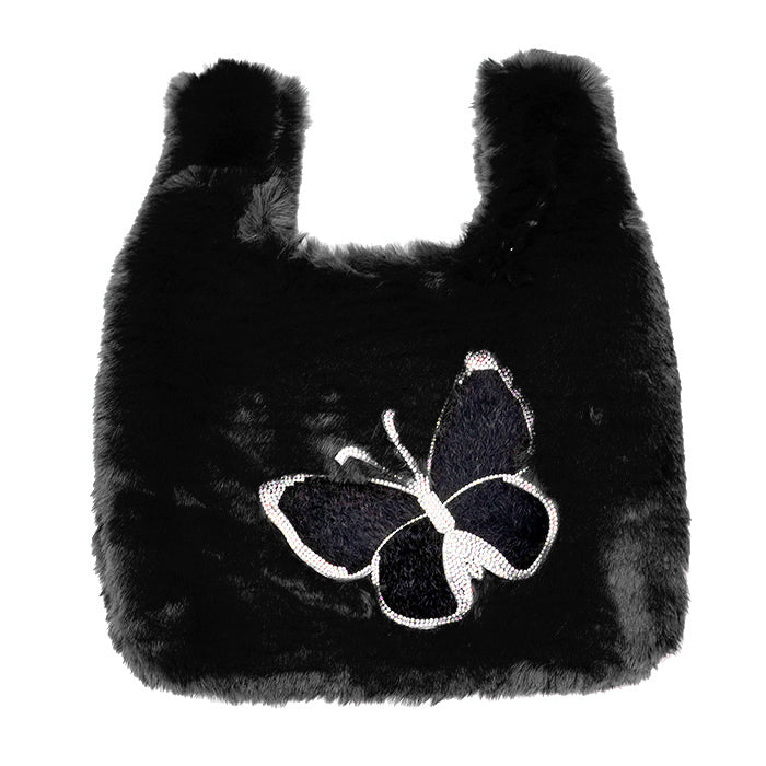 Fluffy Faux Fur Butterfly Slouchy Tote Bag Butterfly Handbag Butterfly Faux Fur Handbag Butterfly Tote Soft Faux Fur Handbag Butterfly Aplique Tote Bag