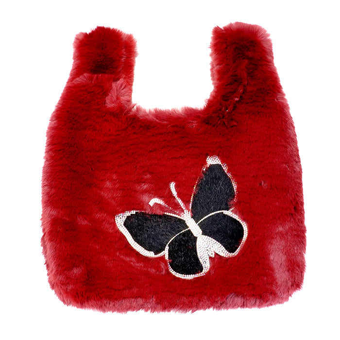 Fluffy Faux Fur Butterfly Slouchy Tote Bag Butterfly Handbag Butterfly Faux Fur Handbag Butterfly Tote Soft Faux Fur Handbag Butterfly Aplique Tote Bag