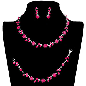 Fuchsia 3PCS Flower Leaf Cluster Rhinestone Necklace Jewelry Set, These gorgeous Rhinestone pieces will show your class on any special occasion. The elegance of these rhinestones goes unmatched. Get ready with these bright stunning fashion Jewelry sets, and put on a pop of shine to complete your ensemble. Simple sophistication gives a lovely fashionable glow to any outfit style. Simple sophistication, dazzling polished, is a timeless beauty that makes a notable addition to your collection.