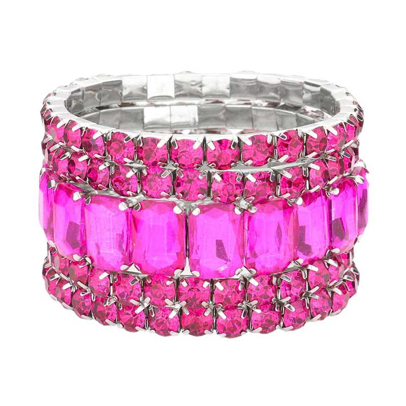 Fuchsia 5PCS Rectangle Round Stone Stretch Multi Layered Bracelets, Add this 5 piece multi layered bracelet to light up any outfit, feel absolutely flawless. perfectly lightweight for all-day wear, coordinate with any ensemble from business casual to everyday wear, put on a pop of color to complete your ensemble. Awesome gift idea for birthday, Anniversary, Valentine’s Day or any special occasion.