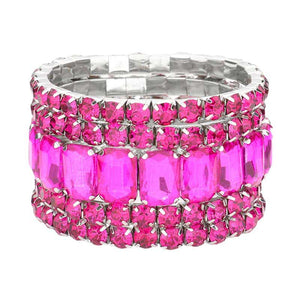 Fuchsia 5PCS Rectangle Round Stone Stretch Multi Layered Bracelets, Add this 5 piece multi layered bracelet to light up any outfit, feel absolutely flawless. perfectly lightweight for all-day wear, coordinate with any ensemble from business casual to everyday wear, put on a pop of color to complete your ensemble. Awesome gift idea for birthday, Anniversary, Valentine’s Day or any special occasion.