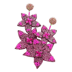Fuchsia Beaded Double Flower Link Dangle Earrings, Beaded Detailed Floral Link Statement Dangle Earrings, jewelry that fits your lifestyle, adding a pop of pretty color. Enhance your attire with this vibrant handcrafted beautiful modish floral statement jewelry! Adds a touch of nature-inspired beauty to your look. It will be your new favorite accessory. Wear this earring to a wedding, an engagement, a bridesmaid, a prom, or any other occasion where you wish to appear more charming.