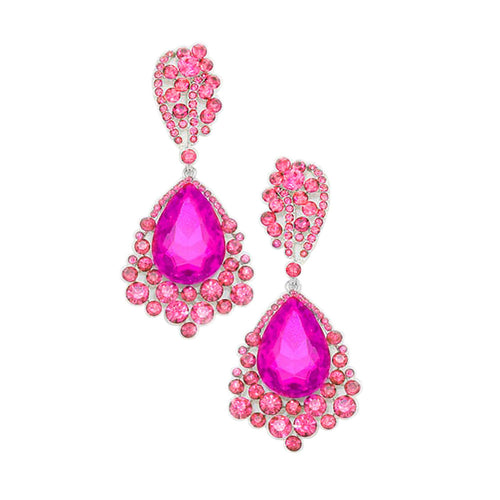 Chunky Crystal Rhinestone Teardrop Bubble Evening Earrings - Fuchsia