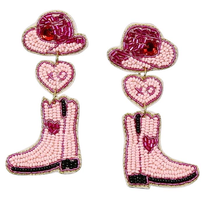 Fuchsia Cowgirl Boots And Hat Heart Seed Bead Earrings, These boots earrings feature a cool, decidedly chic, and always fun. The seed bead earrings combine feminine boots, hat heart & cowgirl silhouette with a palette crafted entirely of seed beads. Fun handcrafted jewelry that fits your lifestyle adding a pop of pretty color. It is so comfortable to wear these lightweight cute earrings pair for every day of Valentine's week.