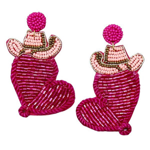 Fuchsia Cowgirl Hat Heart Seed Bead Earrings, These hat heart earrings feature a cool, decidedly chic, and always fun. The seed bead earrings combine feminine boots, hat heart & cowgirl silhouette with a palette crafted entirely of seed beads. Fun handcrafted jewelry that fits your lifestyle adding a pop of pretty color. It is so comfortable to wear these lightweight cute earrings pair for every day of Valentine's week.
