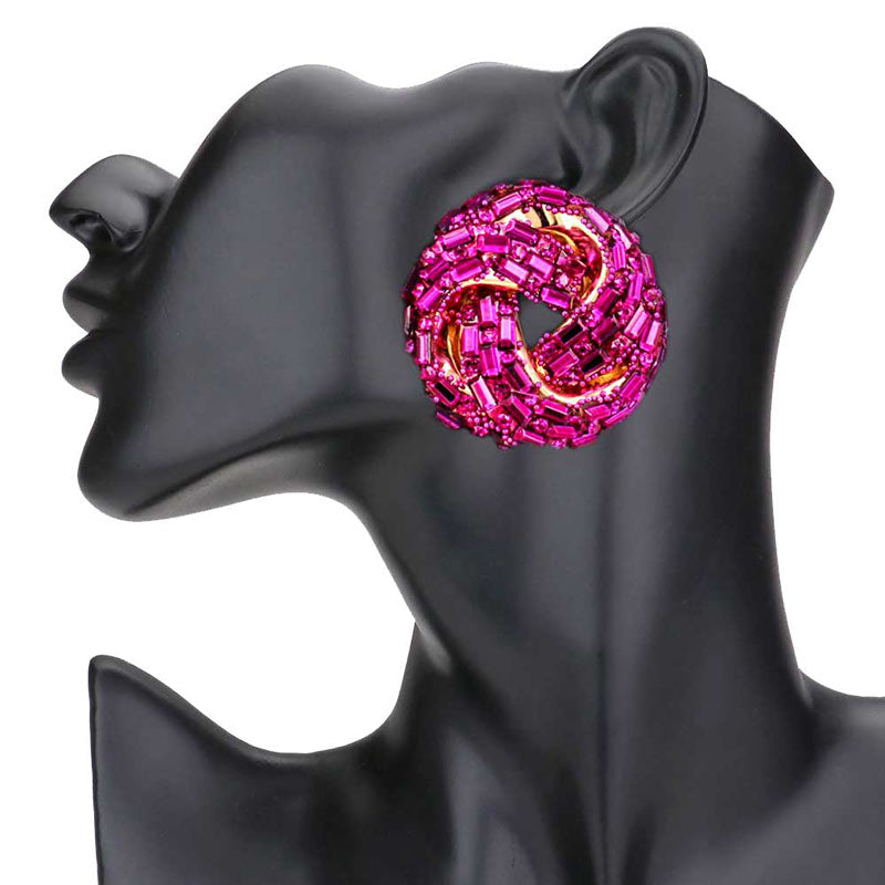 Fuchsia Cylinder Stone Embellished Round Post Earrings. Elegance becomes you in these lightweight and playful, shiny glamorous Stone post earrings, the perfect sparkling accessory to add some sophisticated fun to your next social event. Coordinate these round post earrings with any ensemble from business casual to wear, they will dangle on your earlobes & bring a smile to those who look at you.