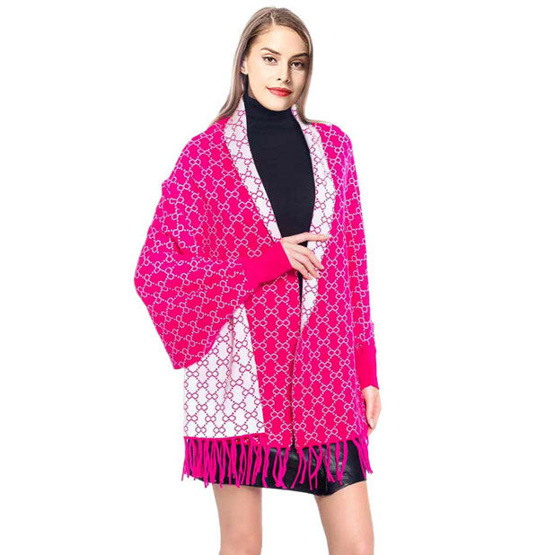 Fuchsia Fashionable Luxury Patterned Poncho, the perfect accessory, luxurious, trendy, super soft chic capelet, keeps you warm and toasty. You can throw it on over so many pieces elevating any casual outfit! Its laid-back vibe and classic elegance are sure to draw attention without making too strong a statement. Perfect Gift for Wife, Mom, Birthday, Holiday, Christmas, Anniversary, Fun Night Out.