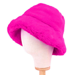 Fuchsia Faux Fur Bucket Hat, stay warm and cozy, protect yourself from the cold, this most recognizable look with remarkable bold, soft & chic bucket hat, features a rounded design with a short brim. The hat is foldable, great for daytime. Perfect Gift for cold weather!