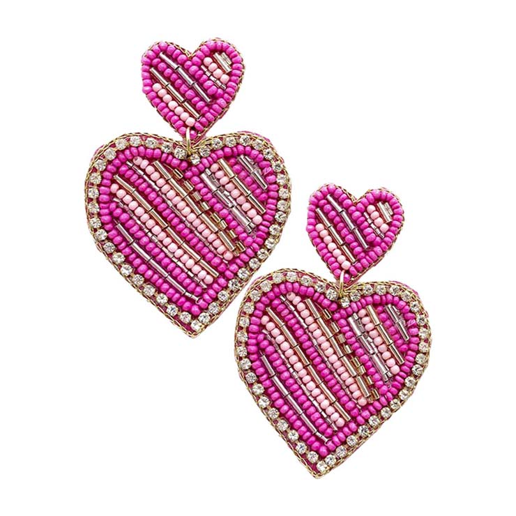 Fuchsia Felt Back Beaded Double Heart Link Dangle Earrings, Wear these gorgeous earrings to make you stand out from the crowd & show your trendy choice. The beautifully crafted design adds a gorgeous glow to any outfit. Put on a pop of color to complete your ensemble in perfect style. Perfect for adding just the right amount of shimmer & shine. Stay unique & gorgeous!
