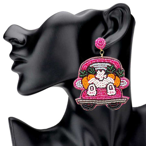 Pendientes colgantes con forma de coche puntiagudo, zanahoria y conejito de Pascua con cuentas - Fucsia