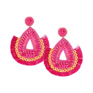 Fuchsia Felt Back Beaded Teardrop Thread Fringe Dangle Earrings, These beaded earrings are elegant, and fun, and make a great addition to any outfit! Very lightweight and eye-catchy! These teardrop thread fringe earrings make you more youthful and dynamic, no worry about how to match your beautiful clothing. 