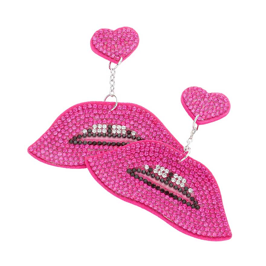 Fuchsia Felt Back Bling Heart Lips Link Dangle Earrings, a beautifully crafted design add a gorgeous glow to your outfit. Special design and unique structure make you more attractive on this valentine's. Accent all of your dresses with the extra fun vibrant color with these heart-themed lips link dangle earrings.