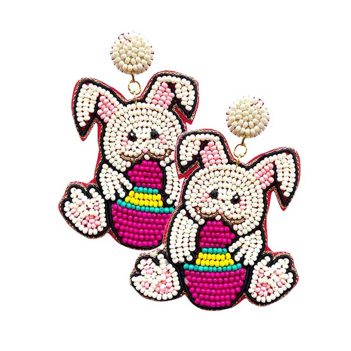Fuchsia Felt Back Easter Bunny Egg Seed Beaded Dangle Earrings, perfect for the festive season, embrace the Easter spirit with these cute enamel bunny egg earrings, these adorable dainty gift earrings are bound to cause a smile or two. Surprise your loved ones on this Easter Sunday occasion, great gift idea for Wife, Mom, or your Loving One.