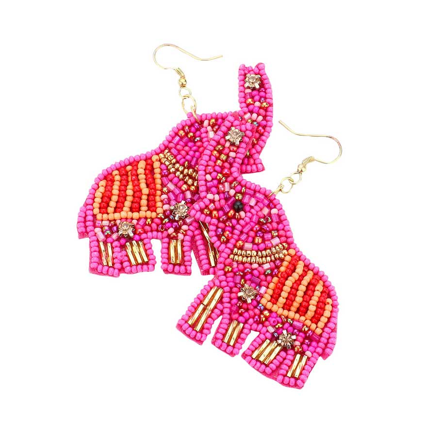 Fuchsia Felt Back Elephant Beaded Dangle Earrings, put on a color to complete your ensemble with animal elephant theme. Beautifully crafted design adds a gorgeous glow to any outfit. Perfect for adding just the right amount of shimmer & shine. It will be your new favorite accessory. Perfect for Birthday Gift, Anniversary Gift, Mother's Day Gift, Graduation Gift.