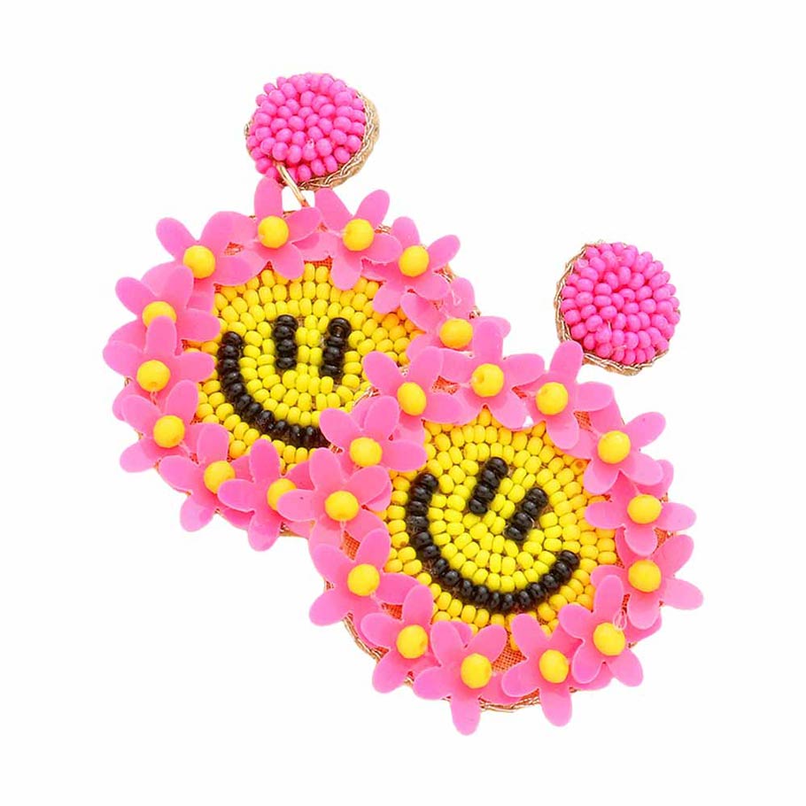 Fuchsia Felt Back Floral Seed Beaded Smile Dangle Earrings, turn your ears into a chic fashion statement with these floral smile dangle earrings! The beautifully crafted design adds a gorgeous glow to any outfit. Put on a pop of color to complete your ensemble in perfect style. These adorable floral details dangle earrings are bound to cause a smile. 