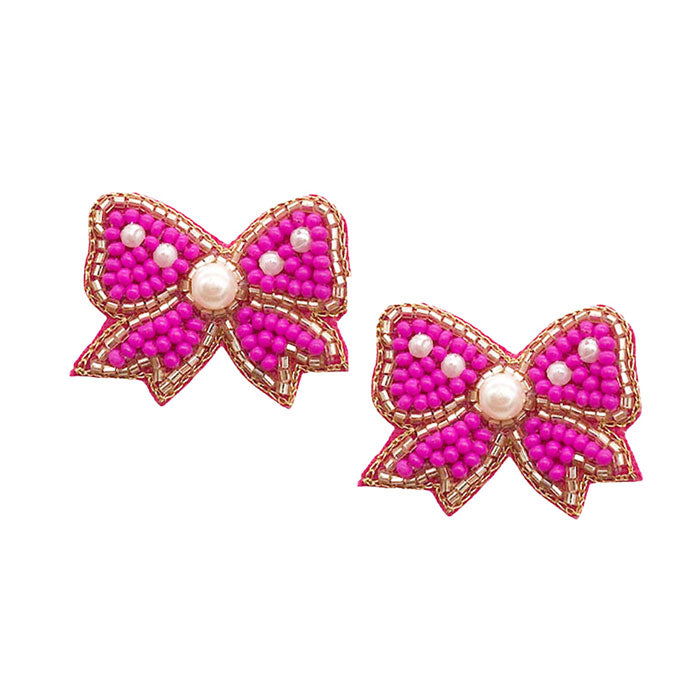 Fuchsia Felt Back Pearl Seed Beaded Bow Earrings. perfect for the festive season, embrace the occasion spirit with these cute enamel Bow Earrings, these sweet delicate gift earrings are sure to bring a smile to your face. Surprise your loved ones on beautiful occasion. Great gift idea for Wife, Mom, or your Loving One.