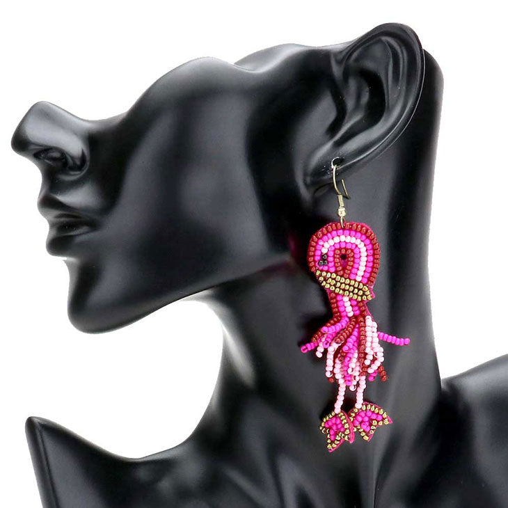 Fuchsia Felt Back Seed Beaded Flamingo Dangle Earrings, Seed Beaded flamingo dangle earrings fun handcrafted jewelry that fits your lifestyle, adding a pop of pretty color. Enhance your attire with these vibrant artisanal earrings to show off your fun trendsetting style. Great gift idea for Wife, Mom, or your Loving One.