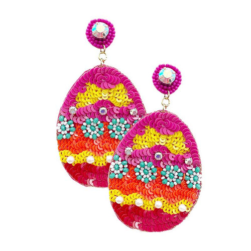 Felt Back Sequin Easter Egg Dangle Earrings - Fuchsia