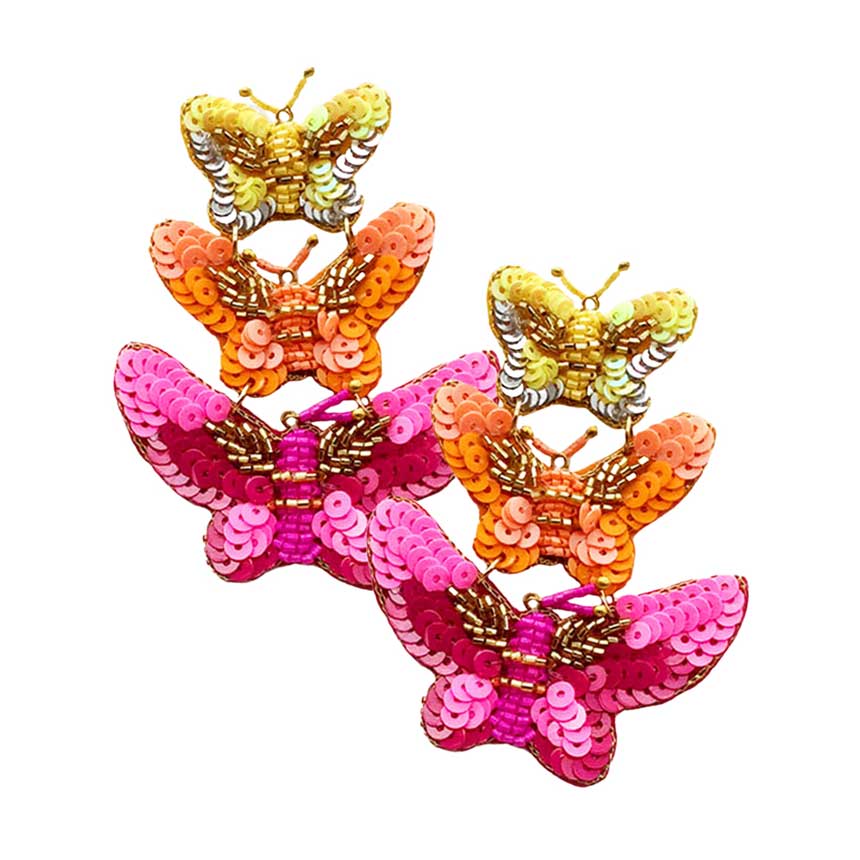 Fuchsia Felt Back Sequin Triple Butterfly Link Dangle Earrings, These adorable sequin details butterfly link dangle earrings are bound to cause a smile. You will absolutely love these butterfly dangle earrings! They are exactly what you were looking for; This jewelry is just the right accessory to finish off any outfit. Whether for dating, parties, weddings, and daily wear, it naturally goes with any outfit