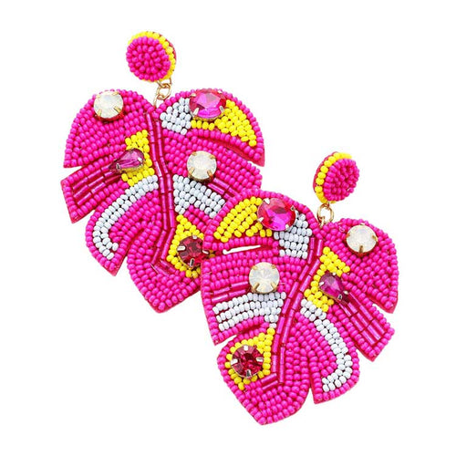Felt Back Stone Embellished Seed Beaded Leaf Dangle Earring - Fuchsia