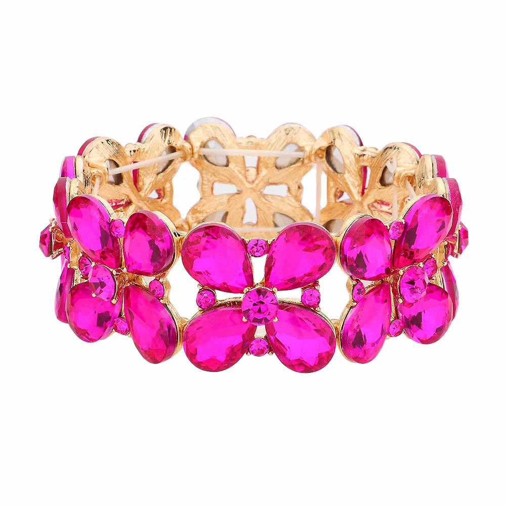 Fuchsia Floral Teardrop Glass Crystal Stretch Evening Bracelet, this Crystal Stretch Bracelet sparkles all around with it's surrounding round stones, stylish stretch bracelet that is easy to put on, take off and comfortable to wear. It looks so pretty, brightly, and elegant on any special occasion. Jewelry offers a wide variety of exquisite jewelry for your Party, Prom, Pageant, Wedding, Sweet Sixteen, and other Special Occasions! Stay gorgeous wearing this stunning floral design stretch bracelet.