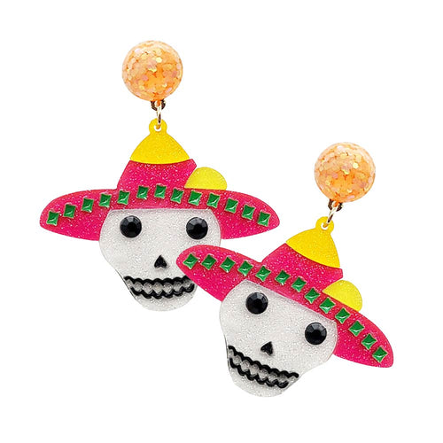 Glittered Resin Hat Skull Dangle Earrings - Fuchsia