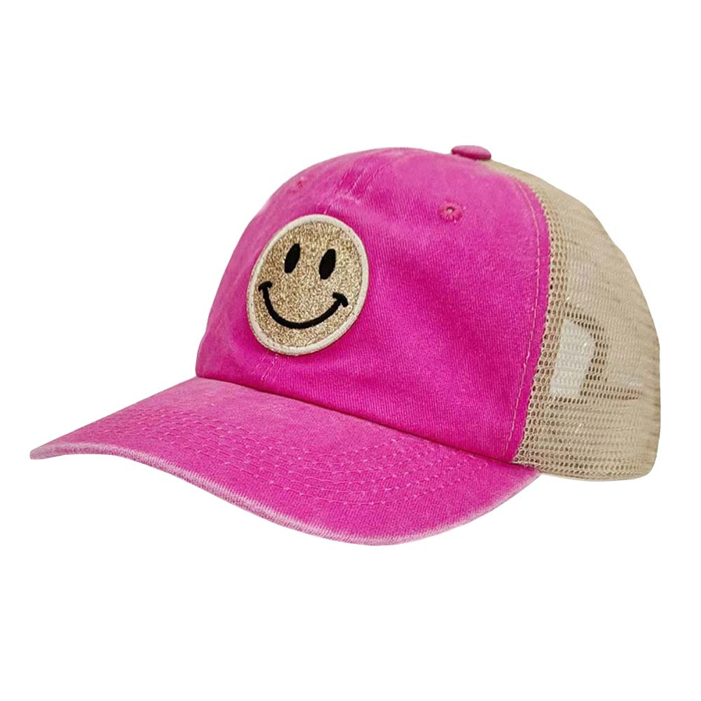 Fuchsia Glittered Smile Patch Mesh Back Baseball Cap, features an embroidered smile face patch on the front, bringing a smile to everyone you pass by and showing your kindness to others. The pre-curved brim of the smile mesh baseball cap helps shield sunlight, keeping your face from harmful ultraviolet rays and preventing sunburn in summer. This beautiful baseball cap is comfortable to wear for a long time in hot weather. Glittered smile patch baseball cap is great for outdoor activities or indoor wear.