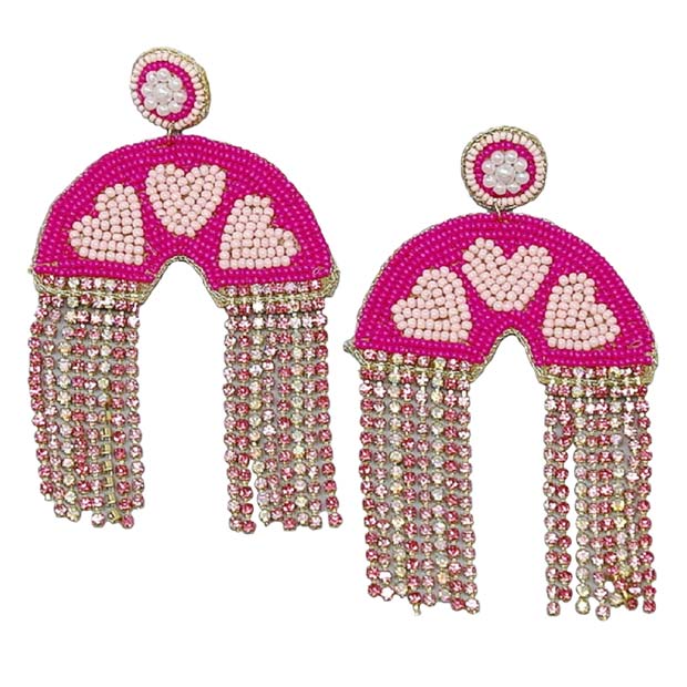 Red Heart Rainbow With Rhinestone Fringe Seed Bead Earrings, Take your love for statement accessorizing to a new level of affection with these beaded fringe rainbow earrings. Accent all of your dresses with the extra fun vibrant color with these rainbow earrings. Wear these lovely earrings to make you stand out from the crowd & show your trendy choice this valentine.