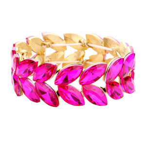 Fuchsia Marquise Glass Crystal Stretch Evening Bracelet. This Crystal Evening Stretch Bracelet sparkles all around with it's surrounding, stretch bracelet that is easy to put on, take off and comfortable to wear. It looks modern and is just the right touch to set off. Perfect jewelry to enhance your look. Awesome gift for birthday, Anniversary, Valentine’s Day or any special occasion.