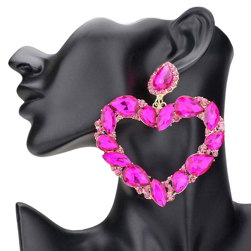 Fuchsia Marquise Teardrop Stone Cluster Open Heart Dangle Evening Earrings, put on a pop of color to complete your ensemble. Beautifully crafted design adds a gorgeous glow to any outfit Perfect for adding just the right amount of shimmer & shine . Perfect Birthday Gift, Anniversary Gift, Mother's Day Gift, Graduation Gift.