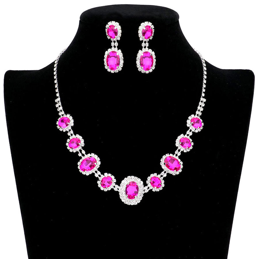 Fuchsia Oval Stone Accented Rhinestone Trimmed Necklace, These gorgeous Rhinestone pieces will show your class in any special occasion. Designed to accent the neckline, a fashion faithful, adds a gorgeous stylish glow to any outfit style, jewelry that fits your lifestyle! Suitable for wear Party, Wedding, Date Night or any special events. Perfect gift for Birthday, Anniversary, Valentine’s Day gift or any special occasion.