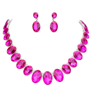 Fuchsia Oval Stone Link Evening Necklace. Wear together or separate according to your event, versatile enough for wearing straight through the week, perfectly lightweight for all-day wear, coordinate with any ensemble from business casual to everyday wear, the perfect addition to every outfit.