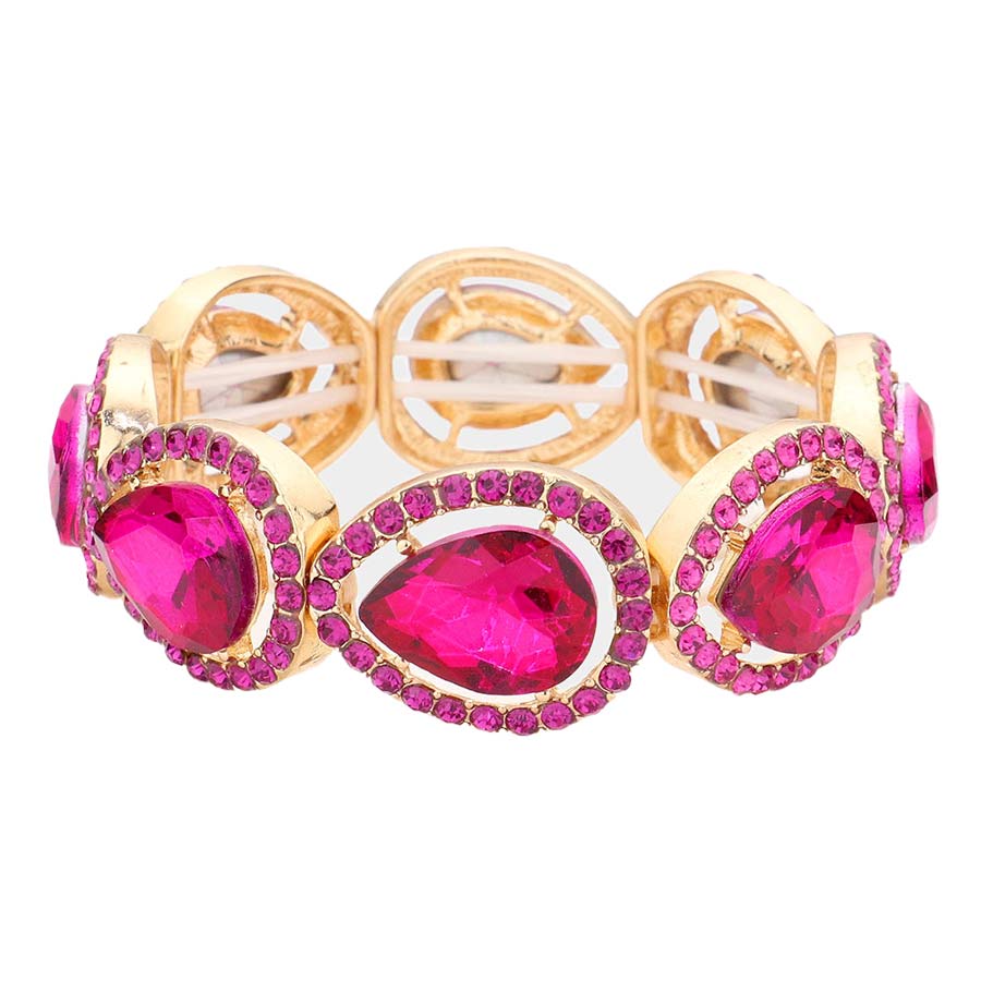 Fuchsia Pave Teardrop Trim Glass Crystal Stretch Evening Bracelet, is a beautiful addition to your perfect choice to represent your perfect class and gorgeousness on any special occasion. Make the day special with the glowing beauty of this awesome Crystal Stretch Evening Bracelet. Wear this beauty to add a gorgeous glow to your special outfit at weddings, wedding showers, receptions, anniversaries, and other special occasions.