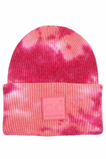 Fuchsia Pink C.C Tie Dye Beanie With Rubber Patch, Before running out the door into the cool air, you’ll want to reach for this toasty beanie to keep you incredibly warm. Whenever you wear this beanie hat with you'll look like the ultimate stylist. Accessorize the fun way with this rubber patch hat, it's the autumnal touch you need to finish your outfit in style. 