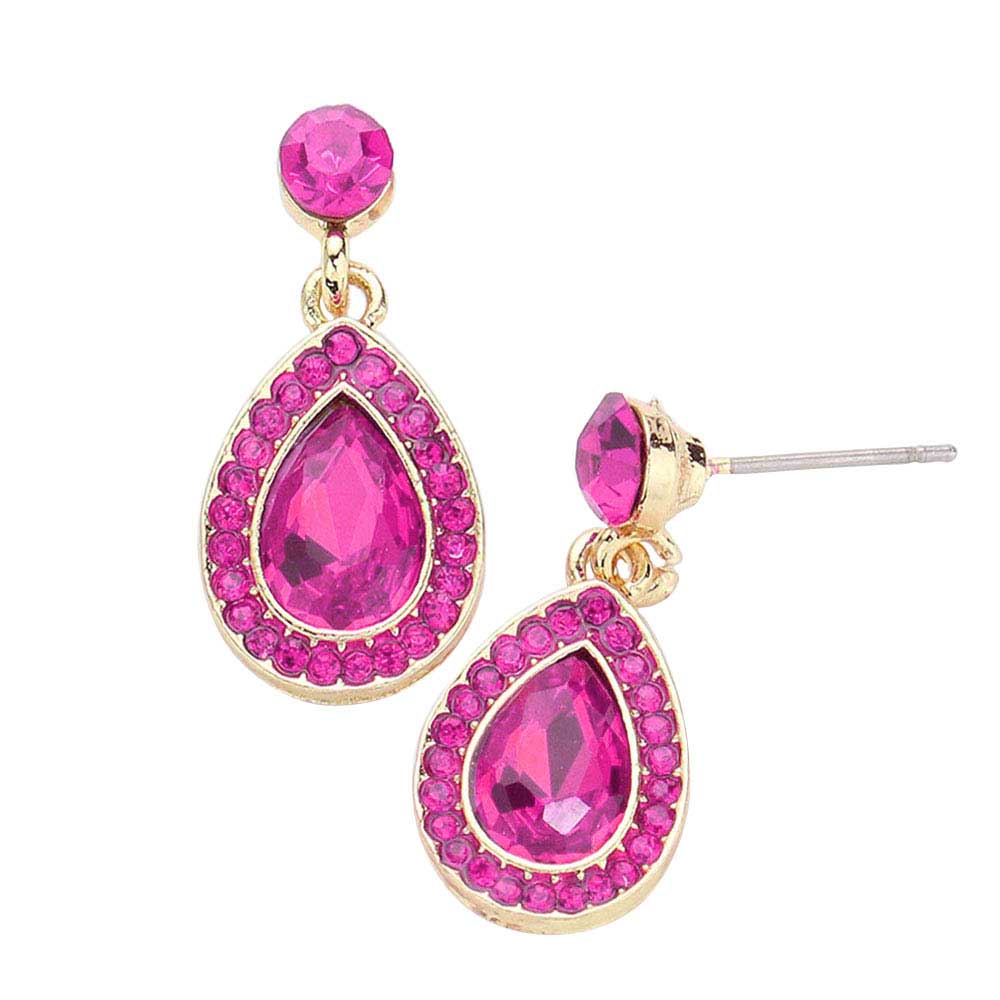 Fuchsia Rhinestone Trim Teardrop Stone Dangle Evening Earrings, This teardrop dangle earrings put on a pop of color to complete your ensemble. Beautifully crafted design adds a gorgeous glow to any outfit. Luminous Teardrop Stone and sparkling rhinestones give these stunning earrings an elegant look. Perfect for adding just the right amount of shimmer & shine. Perfect for Birthday Gift, Anniversary Gift, Mother's Day Gift, Graduation Gift.