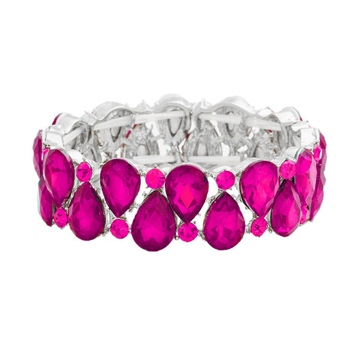 Fuchsia Rhodium Teardrop Stone Stretch Evening Bracelet, These gorgeous stone pieces will show your class in any special occasion. Fabulous fashion and sleek style adds a pop of pretty color to your attire, coordinate with any ensemble from business casual to everyday wear. Awesome gift for birthday, Anniversary, Valentine’s Day or any special occasion.
