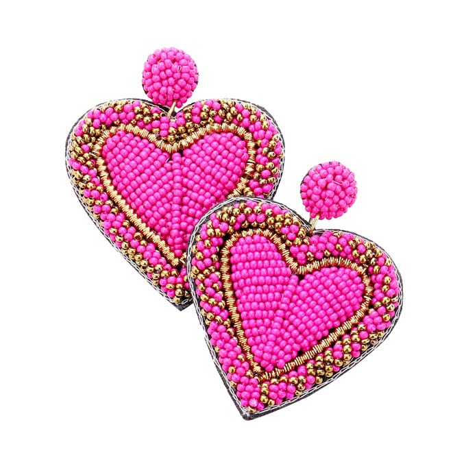 Fuchsia Seed Bead Heart Earrings,  Wear these gorgeous earrings to make you stand out from the crowd & show your trendy choice. The beautifully crafted design adds a gorgeous glow to any outfit. Put on a pop of color to complete your ensemble in perfect style. These Heart-themed earrings are perfect for adding just the right amount of shimmer & shine. Perfect for Birthday Gifts, Anniversary gifts, Mother's Day Gifts, Graduation gifts, and Valentine's Day gifts. Stay unique & beautiful!