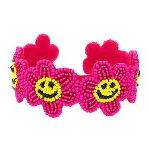 Fuchsia Seed Beaded Smile Flower Cuff Bracelet, jewelry that fits your lifestyle, adding a pop of pretty color. Enhance your  your attire with this vibrant beautiful modish smile flower cuff bracelet. Goes with any of your casual outfits and Adds something extra special. Great gift idea for Birthday, Mothers day, Friendship Day or any other special day.