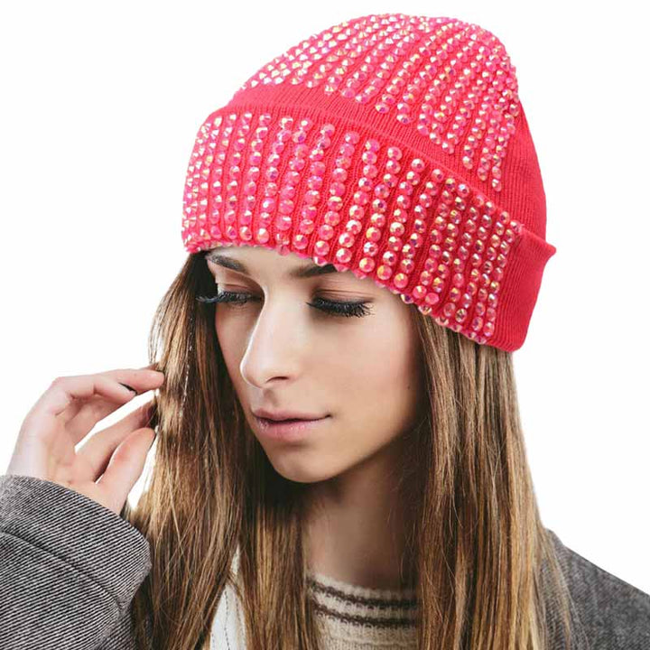 Fuchsia Single Sided Studded Knit Beanie Hat, The beanie hat is made of soft, gentle, skin-friendly, and elastic fabric, which is very comfortable to wear. This Single Sided design is embellished with a shimmering Studded for the ultimate glam look! It provides warmth to your head and ears, protects you from the wind, chill & cold weather, and becomes your ideal companion in autumn and winter. Suitable for wearing for a variety of outdoor activities