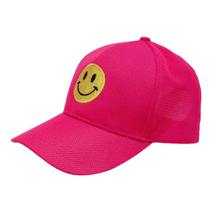 Fuchsia Smile Accented Mesh Baseball Cap, features an embroidered smile face patch on the front, bringing a smile to everyone you pass by and showing your kindness to others. These are Perfect Birthday gifts, Anniversary gifts, Mother's Day gifts, Graduation gifts, or Valentine's Day gifts, or any occasion.