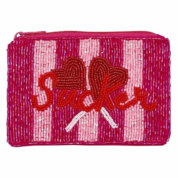 Fuchsia Sucker Heart Lollipop Seed Beaded Coin Bag, is a beautiful accessory that is going to be your absolute favorite new purchase! It features a beautiful seed-beaded design, a sucker heart message with an upper zipper closure. Ideal for keeping your phone, money, bank cards, lipstick, coins, and other small essentials in one place.