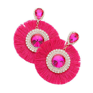 Fuchsia Teardrop Round Stone Accented Tassel Fringe Dangle Earrings, completed the appearance of elegance and royalty to drag the crowd's attention on special occasions. The beautifully crafted fringe design adds a gorgeous glow to any outfit, making you stand out and more confident.