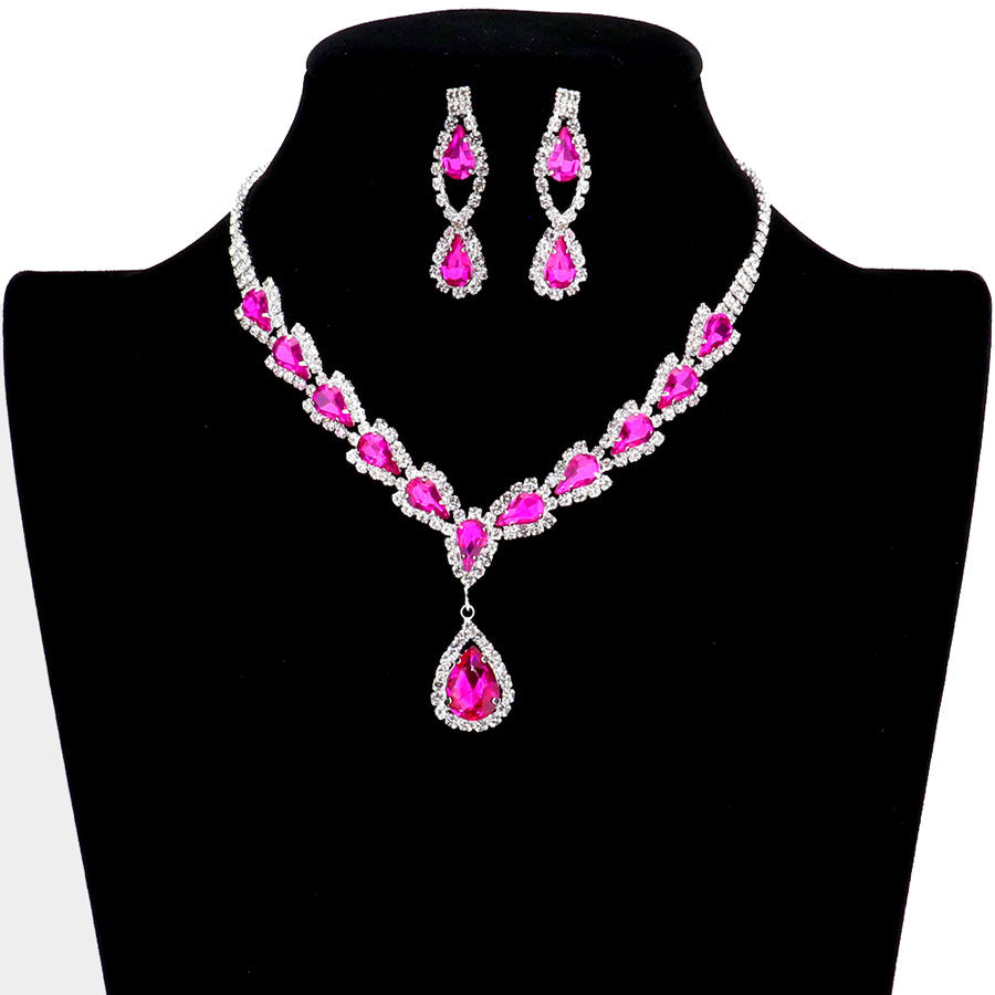 Fuchsia Teardrop Stone Accented Rhinestone Necklace. Beautifully crafted design adds a gorgeous glow to any outfit. Jewelry that fits your lifestyle! Perfect Birthday Gift, Anniversary Gift, Mother's Day Gift, Anniversary Gift, Graduation Gift, Prom Jewelry, Just Because Gift, Thank you Gift.