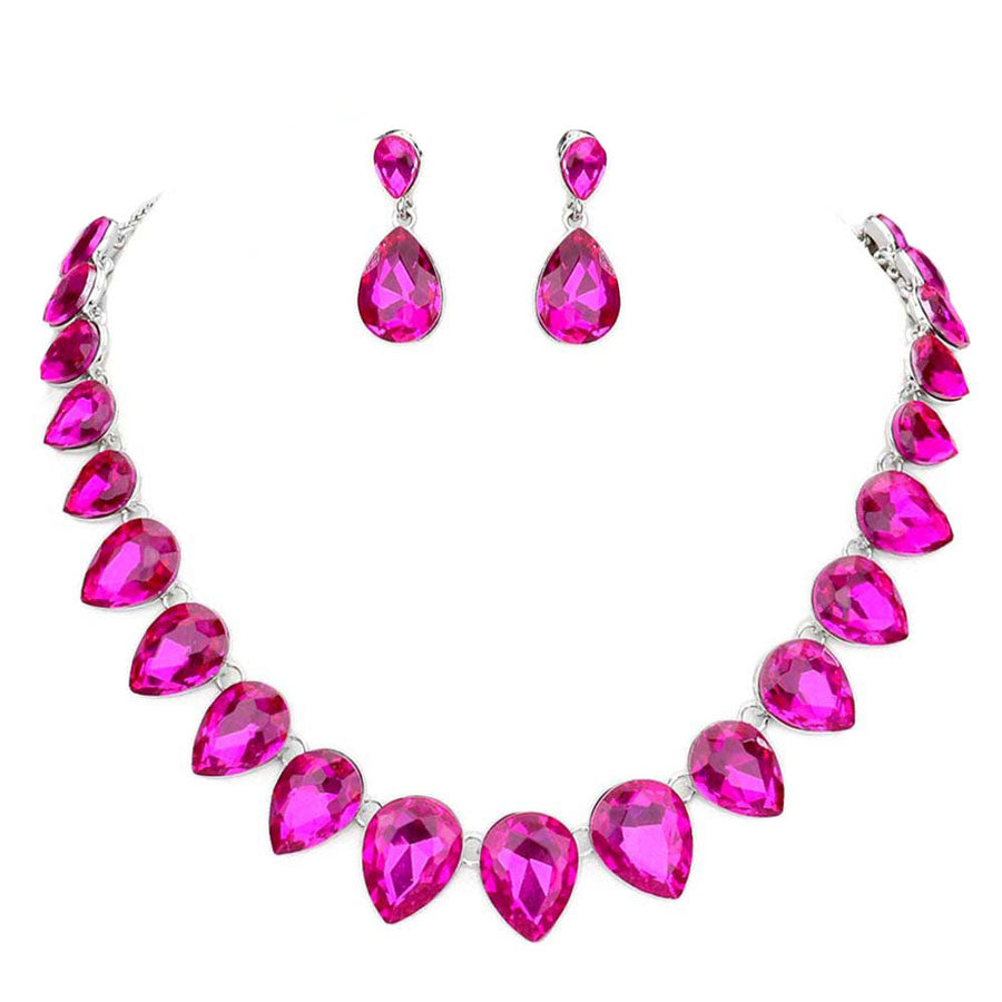 Fuchsia Teardrop Stone Link Evening Necklace. Wear together or separate according to your event, versatile enough for wearing straight through the week, perfectly lightweight for all-day wear, coordinate with any ensemble from business casual to everyday wear, the perfect addition to every outfit.
