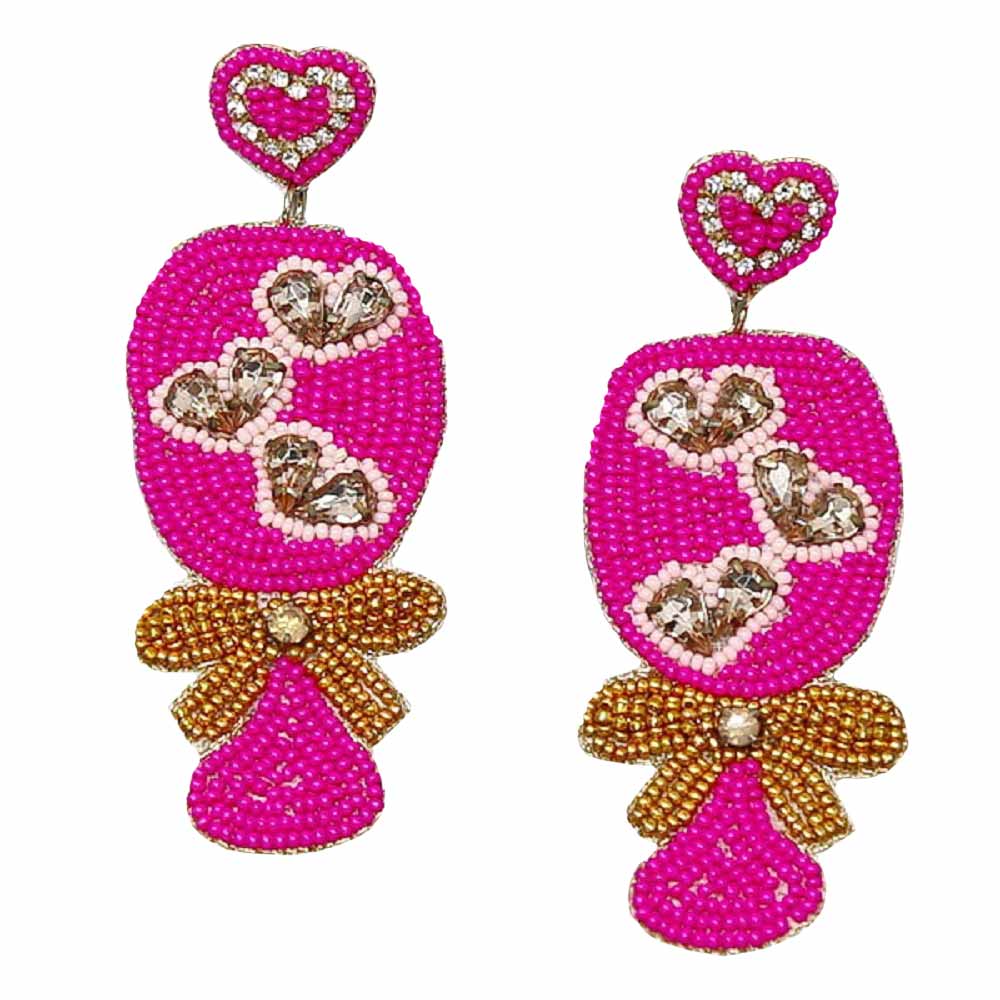 Fuchsia Heart Wine Glass Seed Bead Earrings, Take your love for statement accessorizing to a new level of affection with these seed-beaded glass earrings. Accent all of your dresses with the extra fun vibrant color with these glass beaded earrings. Wear these lovely earrings to make you stand out from the crowd & show your trendy choice this valentine. 