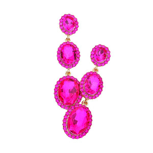 Fuchsia Triple Oval Glass Stone Drop Down Dangle Evening Earrings, look like the ultimate fashionista while wearing on a special occasion. It dangles on your earlobes to glow brightly and grasp everyone's eye of the crowd. Perfect match for any special occasion outfit that will amp up and multiplies your beauty. Wear this beauty to add a gorgeous glow to your special outfit at weddings, wedding showers, receptions, anniversaries, and other special occasions.