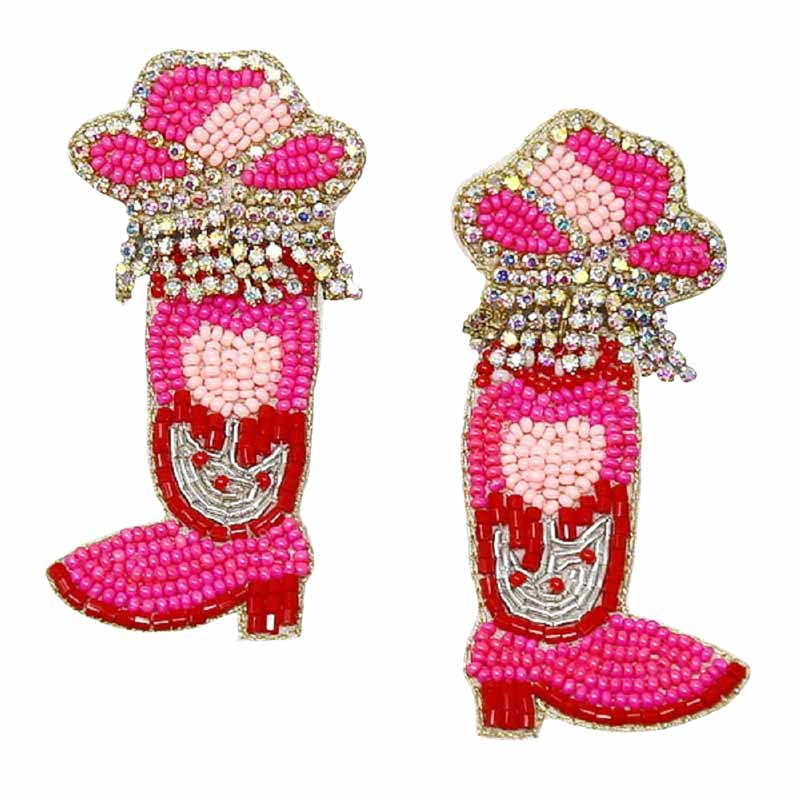 Fuchsia Valentine's Cowgirl Boots Seed Bead Earrings, These boots earrings feature a cool, decidedly chic, and always fun, the beaded earrings combine feminine boots and cowgirl silhouette with a palette crafted entirely of seed beads, fun handcrafted jewelry that fits your lifestyle, adding a pop of pretty color. It is so fun to be able to have lightweight cute earrings for every day of Valentine's week. 
