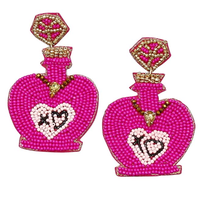 Pink XO Perfume Bottle Seed Bead Earrings, These perfume bottle earrings feature a cool, decidedly chic, and always fun. the beaded earrings combine a heart-themed & perfume bottle silhouette with a palette crafted entirely of seed beads. A fun handcrafted piece of jewelry that fits your lifestyle adding a pop of pretty color. It is so fun to wear these lightweight cute earrings for every day of Valentine's week. 