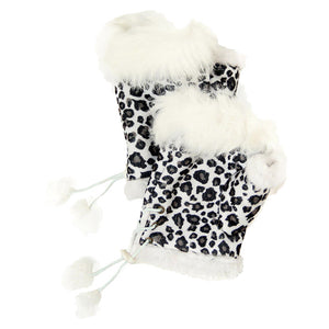 White Leopard Fingerless Fur Trim Gloves Leopard Fingerless Gloves give your look so much eye-catching texture with these fingerless gloves in a cozy faux suede, Warm gloves Comfy Gloves, open finger to use electronic devices, gloves with fur trim & adjustable drawstring